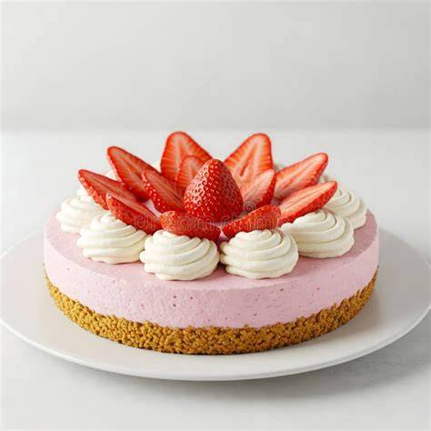 Erdbeer-Käsekuchen auf einer weißen Platte, umgeben von frischen Erdbeeren