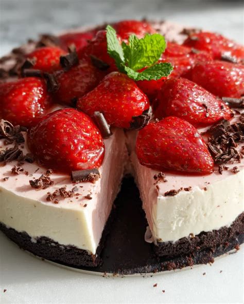 Erdbeer-Käsekuchen mit Schoko-Keksboden und frischen Erdbeeren