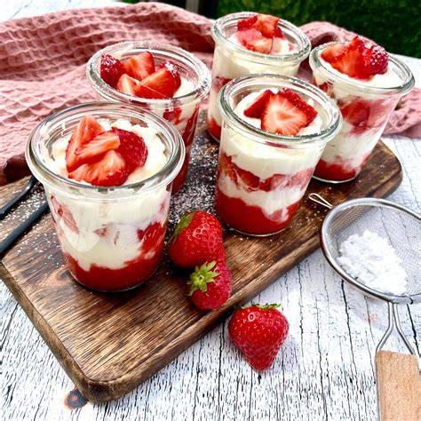 Erdbeer-Mascarpone-Dessert im Glas - Schichtung Granola, Creme, Erdbeeren