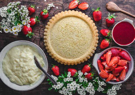 Erdbeer-Pudding-Kuchen, Aufbau: Tortenboden, Pudding, Früchte, Sauce