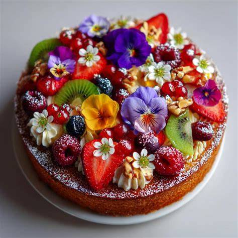 Erdbeer-Quarktorte mit essbaren Blumen dekoriert