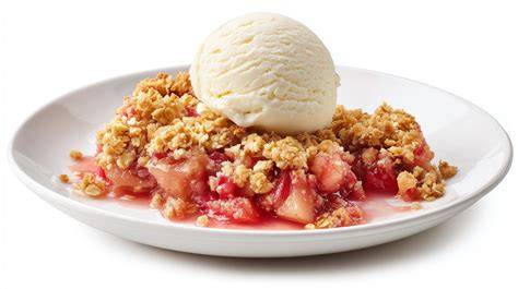 Erdbeer-Rhabarber-Crumble auf Teller mit Vanilleeis