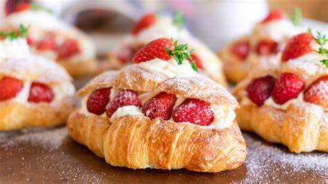 Erdbeer-Sahne-Croissants auf Tellern, Puderzuckerstaub und Minzblätter