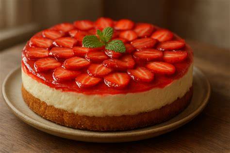 Erdbeer-Schmand-Torte aufgeschnitten mit glänzendem Tortenguss