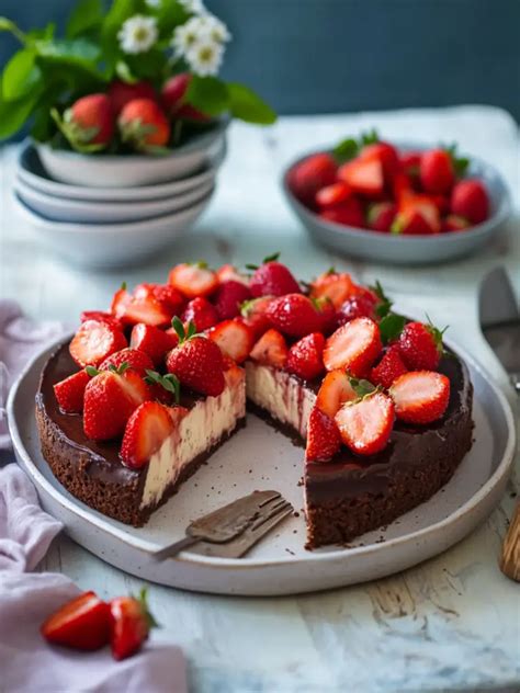 Erdbeer-Tarte mit Schokoladenmürbeteig: frische, glänzende Erdbeeren auf cremiger Vanillefüllung
