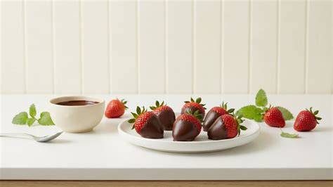 Erdbeeren in Schokolade auf einem Tisch angerichtet