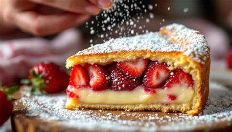 Erdbeerkuchen in der Pfanne mit Pudding und Früchten