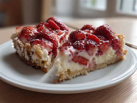 Erdbeerkuchen mit Pudding und frischen Erdbeeren