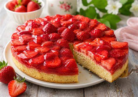 Erdbeerkuchen mit Tortenguss frisch aus dem Kühlschrank