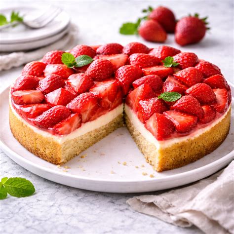 Erdbeerkuchen mit glänzendem Tortenguss und Pistazienrand