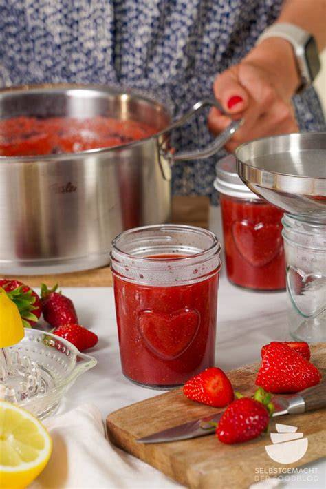 Erdbeermarmelade im Topf und Gläser werden befüllt