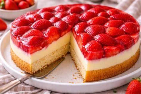 Erdbeertorte mit fertigen Böden - angeschnittene Scheibe und ganze Torte auf Teller