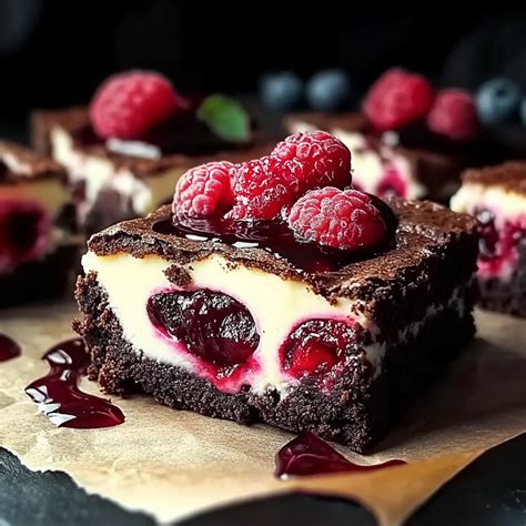 Erdnussbutter-Brownies mit Frucht und Himbeeren