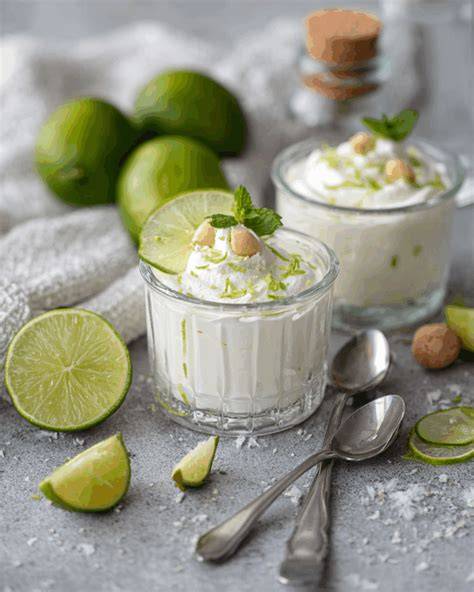 Erfrischendes Limetten Dessert - Zutaten, Zitronenzesten, frische Limettenscheiben