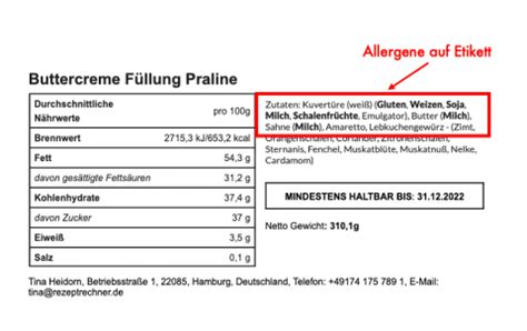 Etikett mit Inhaltsstoffangaben und Allergenen