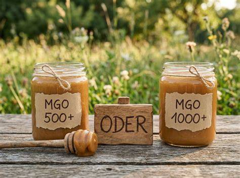 Etikett mit MGO- und UMF-Angaben auf einem Manuka-Honig-Glas