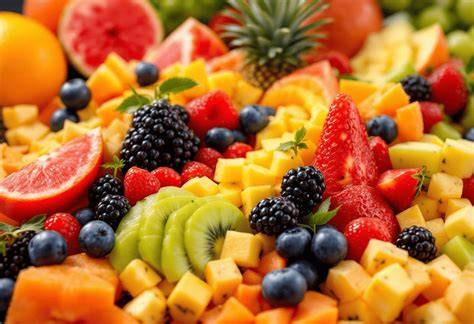 Exotische Früchte als Garnitur für Pudding mit Multivitaminsaft
