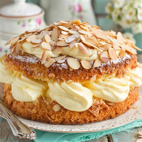 Falscher Bienenstich - Schnittbild mit Creme und Mandeldecke