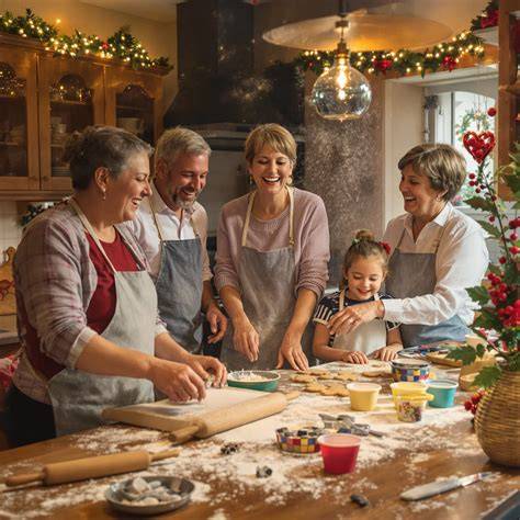 Familie beim Backen und Dekorieren von Lebkuchen im Advent