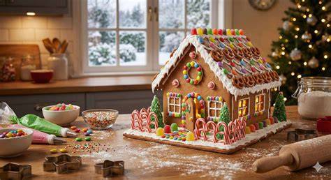 Familie beim Dekorieren des Lebkuchen Adventskalenders