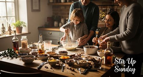 Familie beim Stir-up Sunday: Zutaten werden gemischt