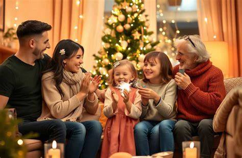 Familie genießt slowakisches Weihnachtsdessert am Festtagstisch