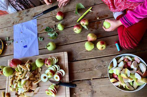 Familie pflückt gemeinsam Äpfel für Apfelkuchen, Kinder haben Spaß
