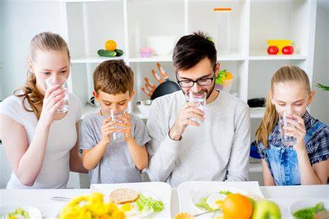 Familie trinkt aromatisiertes Wasser zu Hause
