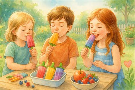 Familien und Kinder essen Eis, glückliche Momente und Sommergefühle