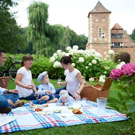 Familien-Picknick im Park mit Kuchen und Snacks