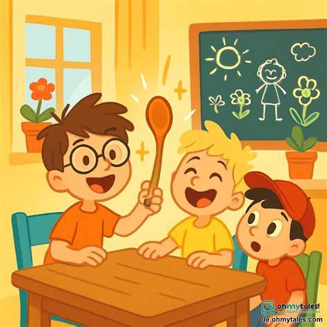 Familienmoment: Humorvolle Tischszene, kleine Requisiten, Löffel als Symbol