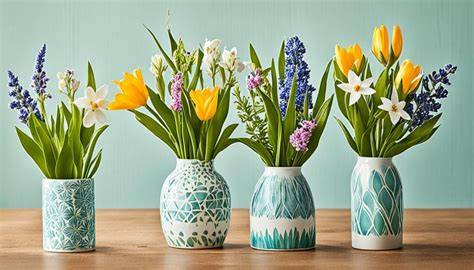 Farbige Tulpensträuße in verschiedenen Vasen