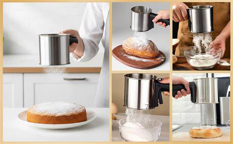 Feines Sieb mit Puderzucker bestäubt Kuchen