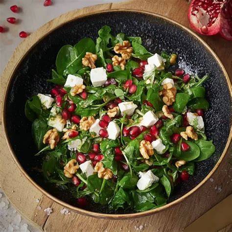 Feldsalat und Granatapfel auf Holzbrett
