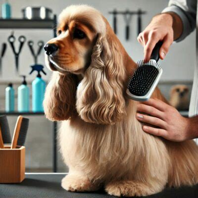 Fellpflege bei einem Schoko Cocker Spaniel mit Bürste und Kamm