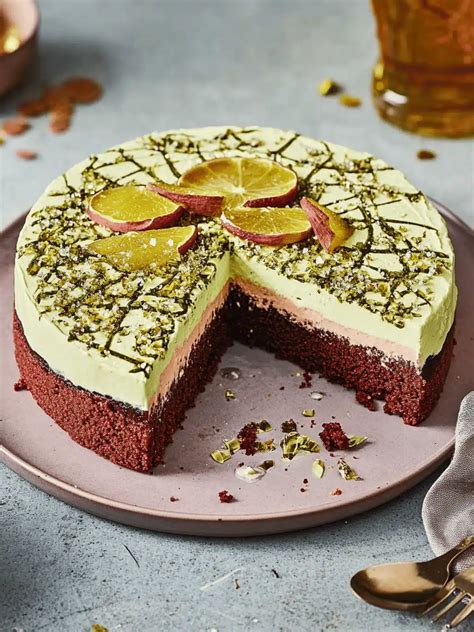 Fertig dekorierte Mandarinen-Quarkcreme-Torte mit Pistazien