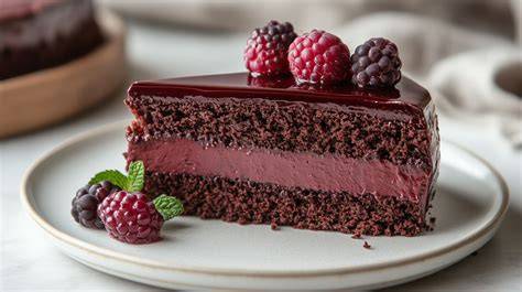 Fertig dekorierte Schokoladentorte mit Brombeeren und Schokoladenraspeln