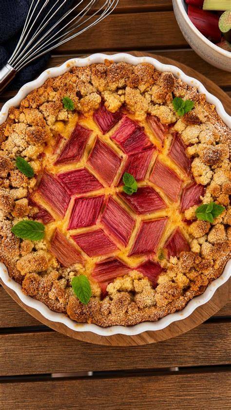 Fertig gebackene Rhabarber Tarte mit Puderzucker und Sahne