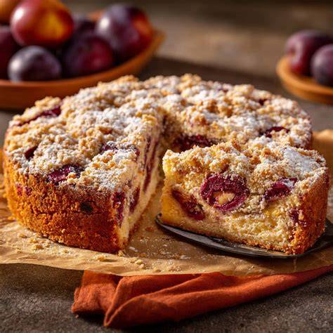 Fertig gebackener Trockenpflaumen-Kuchen mit Puderzucker, angeschnitten