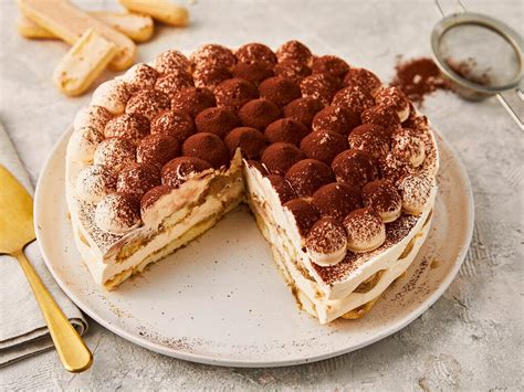 Fertig verzierte Tiramisu Torte mit Sahnetupfen und Löffelbiskuit am Rand