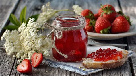 Fertige Erdbeer-Holunderblüten-Marmelade im Glas