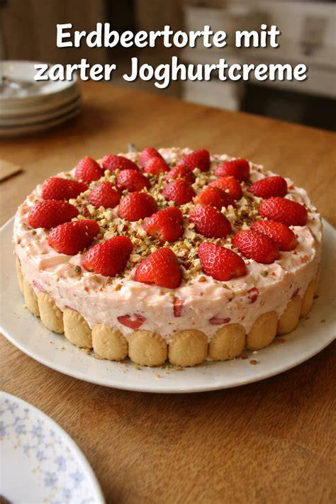 Fertige Erdbeer-Löffelbiskuit-Torte, dekoriert mit frischen Erdbeeren