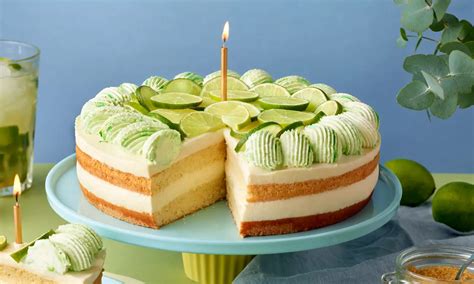Fertige Gin Torte: Dekoriert mit Limettenscheiben, Minzblättern und Mini-Gin