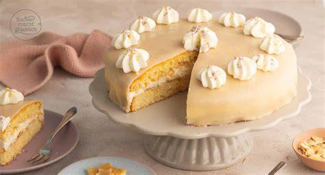 Fertige Marzipantorte auf Tortenplatte, angeschnitten