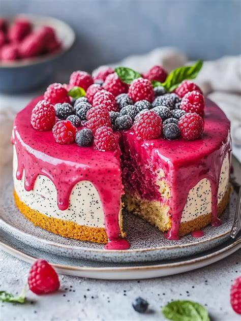 Fertige Mohntorte mit Himbeerglasur