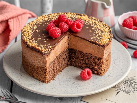 Fertige Mousse au Chocolat-Torte mit Schokoladendekor und Biskuitböden