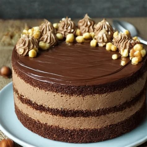 Fertige Nutella-Torte mit typischer Dekoration und Haselnüssen