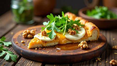 Fertige Pizza mit Ziegenkäse, Walnuss und Honig