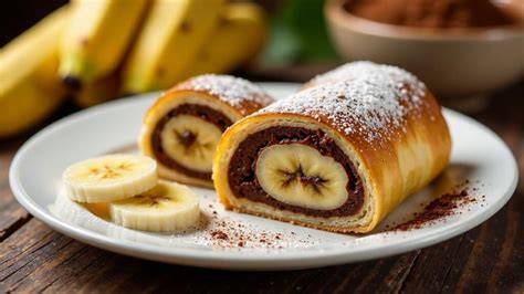 Fertige Schoko Bananen Taschen mit Schokoguss und Staubzucker auf Servierplatte