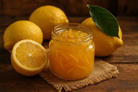 Fertige Zitronenmarmelade im Glas, typisch italienische Servierweise